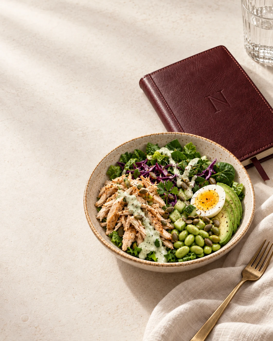 Rotisserie chicken bowl with crunchy greens, egg and herb dressing beside a burgundy journal